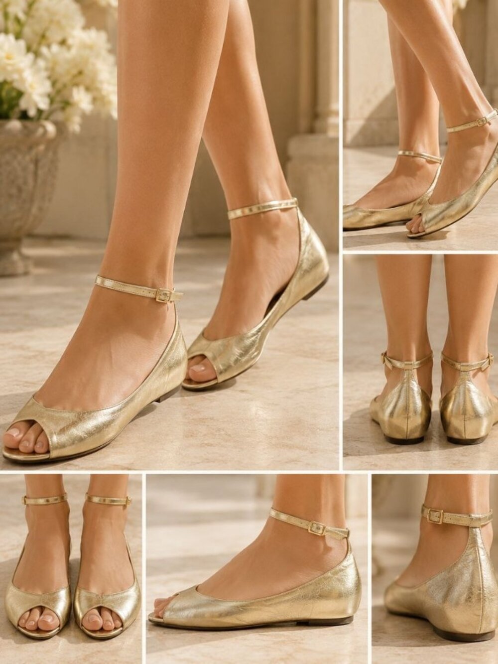 Steve Madden Gold Leather Ankle Strap Flats Peep Toe Ballet Shoes Size 9B